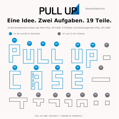 Pull Up Cube Bauteileübersicht – zehn Buchstabenteile und neun Füllteile